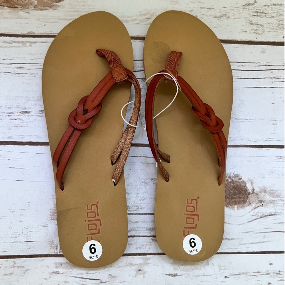 NEW Flojos Sandals Tan Brown Faux Leather Knot Detail Flip Flops Size 6 - Picture 3 of 5